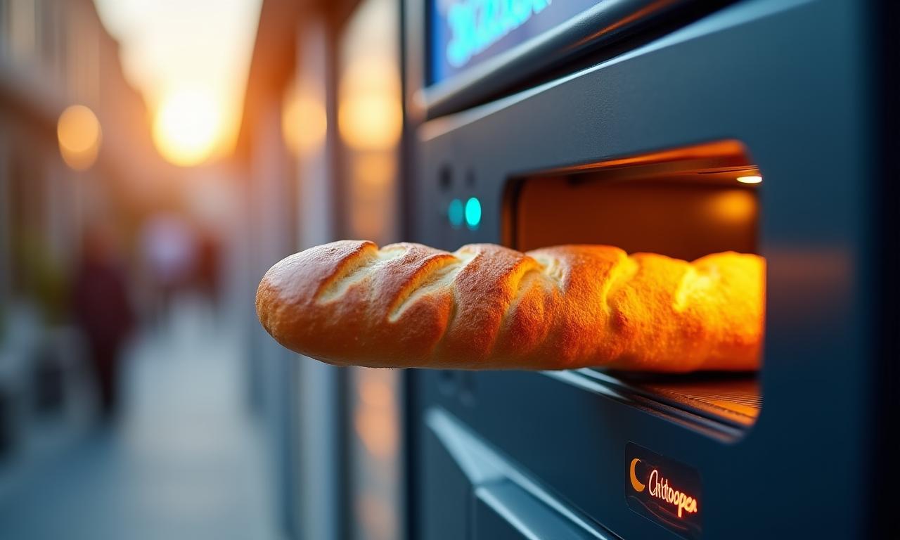 Baguette fraîche sortant d'un distributeur automatique moderne de La Mie Lumière